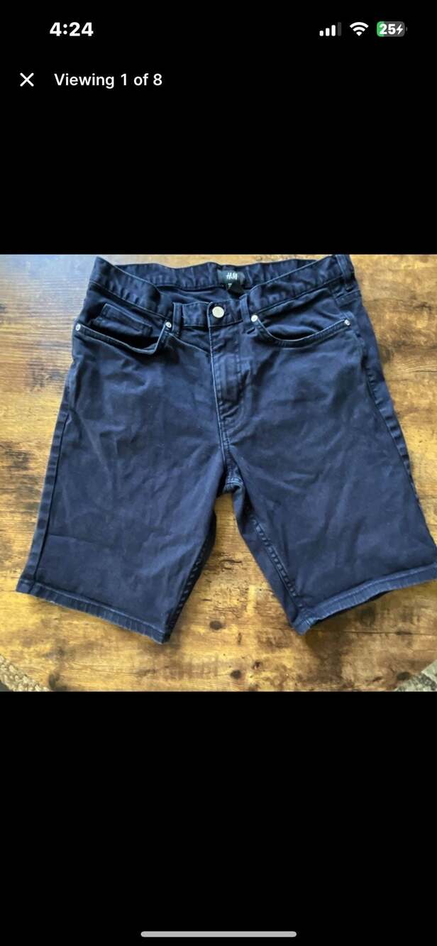 H&M Men's Dark Blue Mid-Length Regular Fit Chino Shorts, Stretch, 8" Inseam